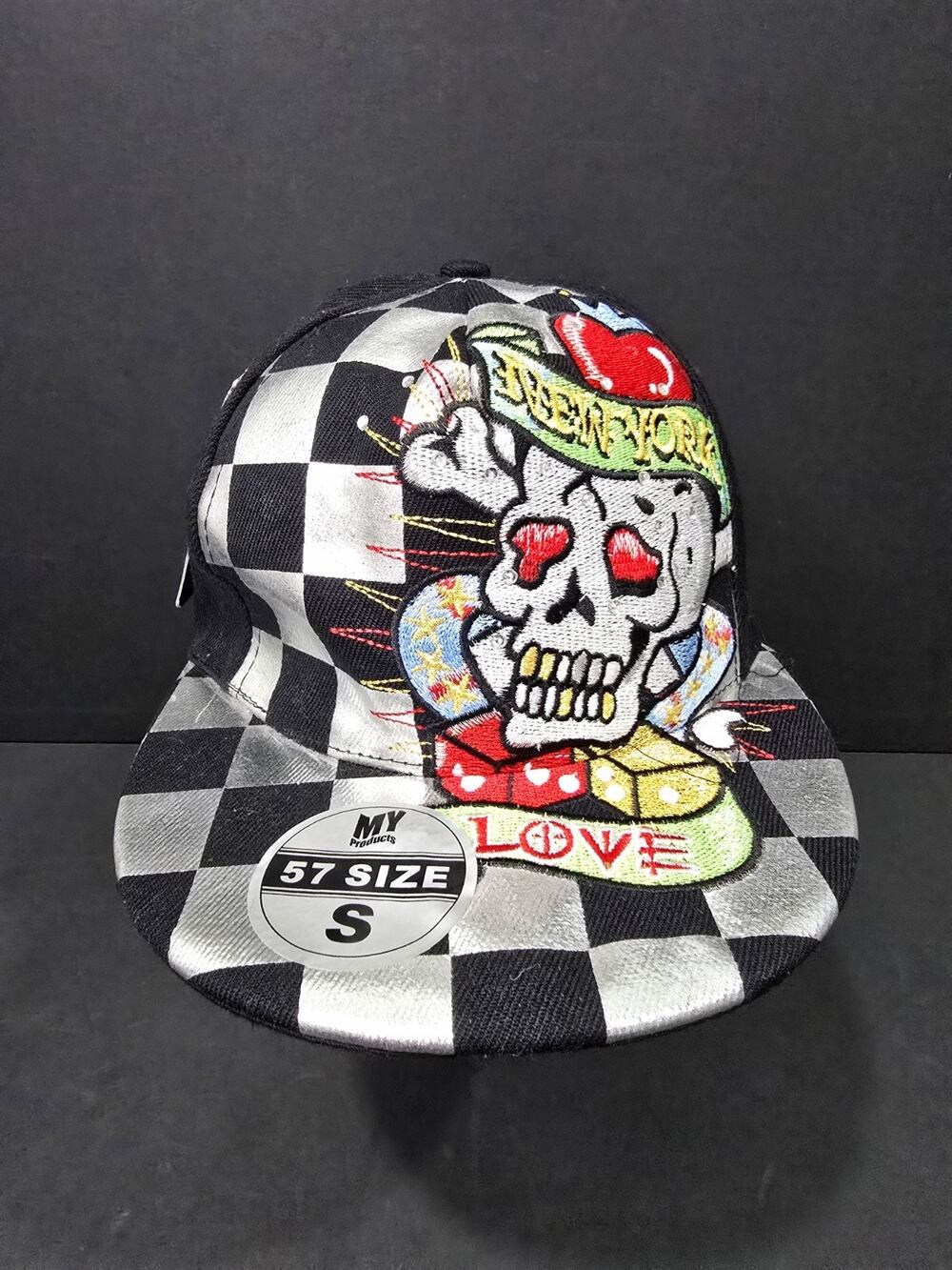 Love Skull Hip Hop New York Rhinestone Bling Checked 57 Size Small Fitted Hat